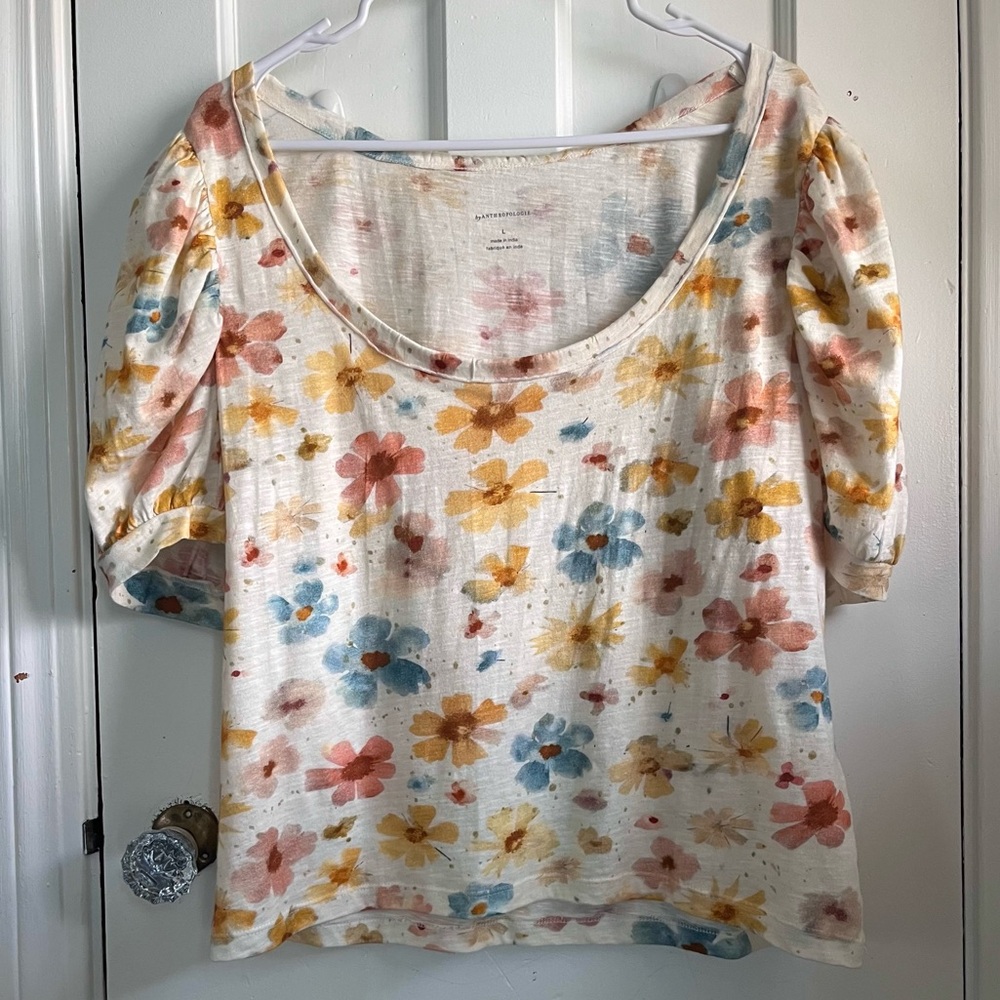 Anthropologie Puff-Sleeve Scoop-Neck Top Watercolor Floral Large Cottagecore